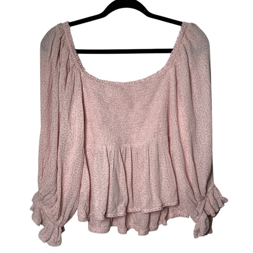 FREE PEOPLE Brittnee Print Smocked Peplum‎ Top In Pink Lotus